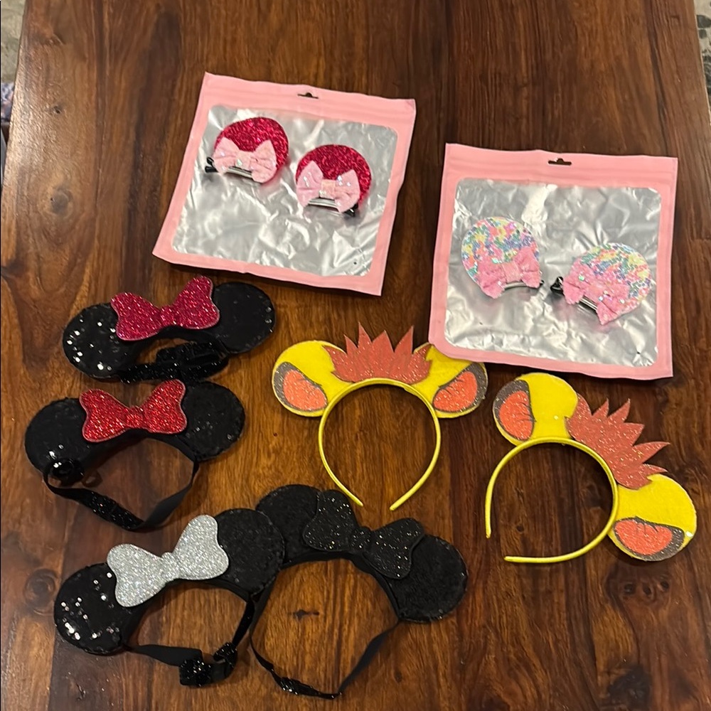 Mickey and Minnie Mouse Ear Baby Velcro Headbands, Simba Ears, & Hair Clips Set